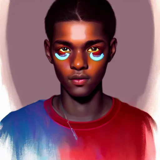 Image similar to colorful and festive captivating teenager with straight brown hair covering his eye, dark skin, big lips, big eyes, wearing a red t - shirt. rich vivid colors, ambient lighting, dynamic lighting, 4 k, atmospheric lighting, painted, intricate, highly detailed by charlie bowater