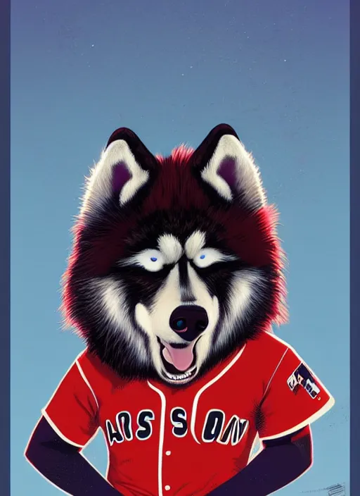 Image similar to commissioned full body portrait of a male anthro aslakan malamute with red fur playing baseball in a baseball stadium wearing a baseball uniform, by Kilian Eng, by Sandra Chevrier, trending on artstation