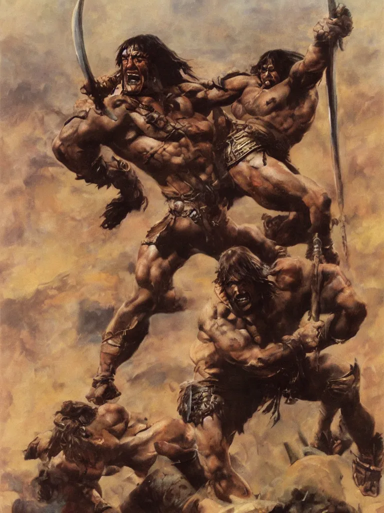 Image similar to Conan the Barbarian in battle by Frank Frazetta, oil painting, detailed, proportional, trending on art station, 4k