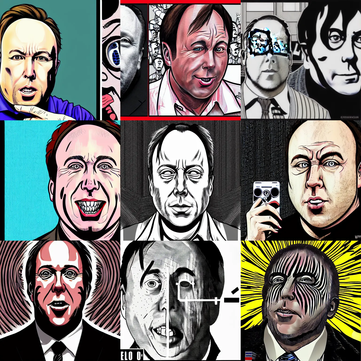 Prompt: alex jones from infowars, hyper detailed, in the style of junji ito and and junji ito and junji ito, selfie