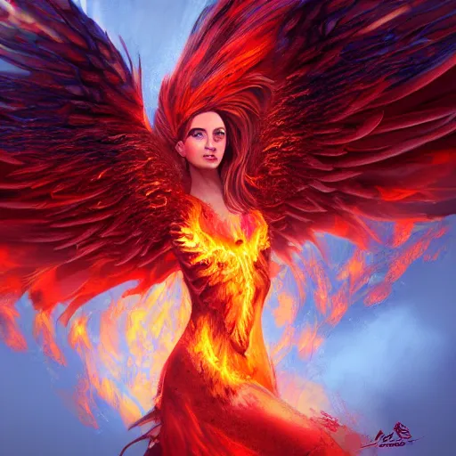 Prompt: detailed portrait of a fiery phoenix woman rising from fire spreading her wings with fiery marks all across her body, magically, magic, fire, realism, ruby, sunlit, dark fantasy, dramatic lighting, cgsociety, artstation