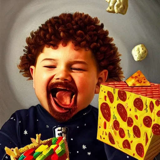 Image similar to highly detailed oil painting by caravaggio in the minecraft universe of a happy little boy flying through space eating pizza and cheese, where the planets are candy, hd, trending on artstation