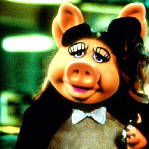 Image similar to movie still of miss piggy starring as trinity in the matrix 1 9 9 9 movie