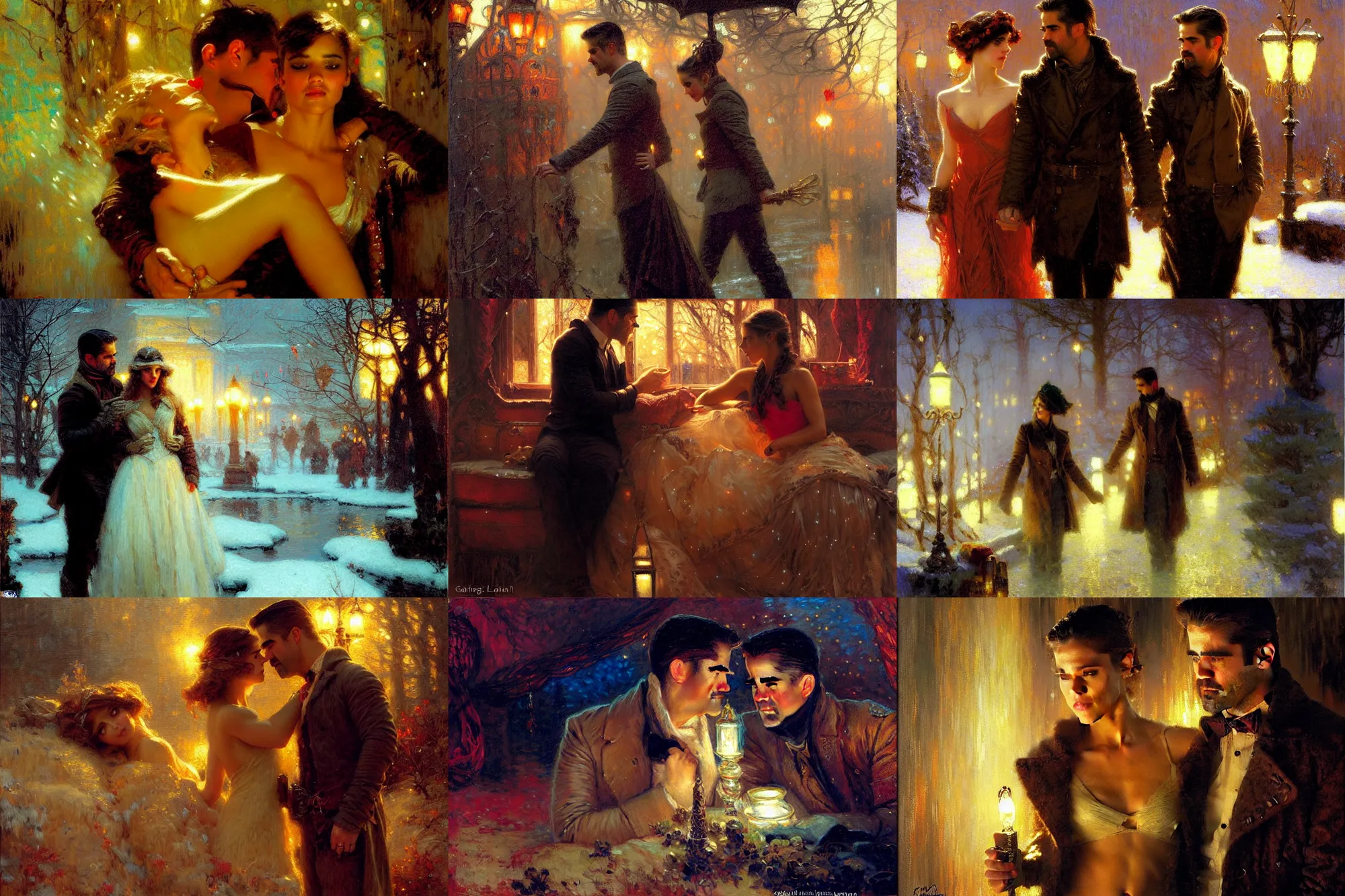 Prompt: winter romanticism, colin farrell with jessica alba girl, neon light, painting by gaston bussiere, craig mullins, j. c. leyendecker