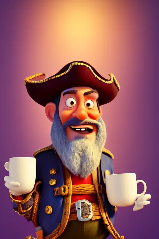 Image similar to portrait of the pirate blackbeard holding a cup of coffee, full body with a pirate ship on background. pixar disney 4 k 3 d render funny animation movie oscar winning trending on artstation and behance. ratatouille style.