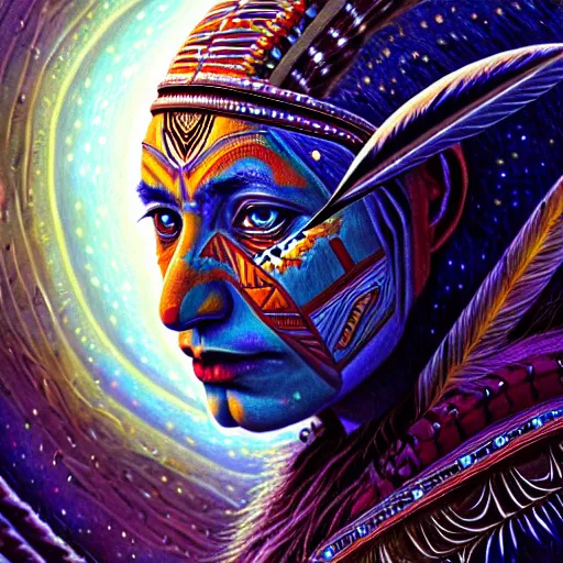 Prompt: : native american shamen fantasy, fantasy magic, cosmic, intricate, sharp focus, illustration, highly detailed, digital painting, cosmos, time travel, healing earth, concept art, matte, jahbu art and paul lewin masterpiece