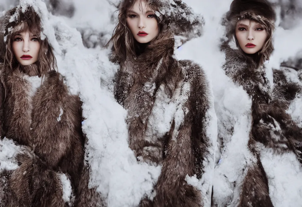 Image similar to fashion editorial in snow avalanche. highly detailed. depth of field. high definition. 8k. photography.