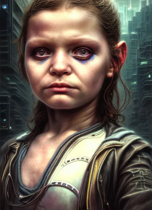 Image similar to closeup portrait shot of a cyberpunk child in a scenic dystopian environment, intricate, elegant, highly detailed, centered, digital painting, artstation, concept art, smooth, sharp focus, illustration, artgerm, tomasz alen kopera, peter mohrbacher, donato giancola, joseph christian leyendecker, wlop, boris vallejo