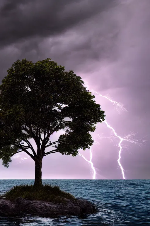 Prompt: lightening strikes a gorgeous single tree on a little island, dark stormy sea around, photography, landscape photography, dramatic, insane details, artstation, photorealism