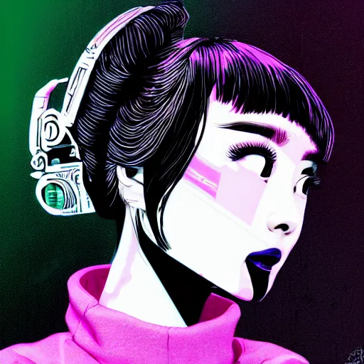 Prompt: korean audrey hepburn, detailed cyberpunk vaporwave portrait by tim doyle