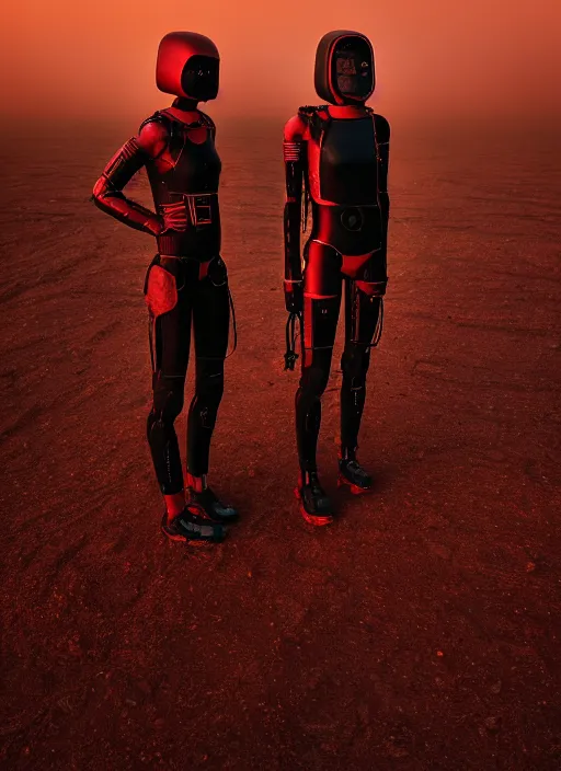 Prompt: cinestill 5 0 d photographic portrait by steve mccurry of two loving female androids wearing rugged black mesh techwear on a desolate plain with a red sky, extreme closeup, dust storm, 8 k, hd, high resolution, 3 5 mm, f / 3 2, ultra realistic faces, cyberpunk 2 0 7 7, ex machina