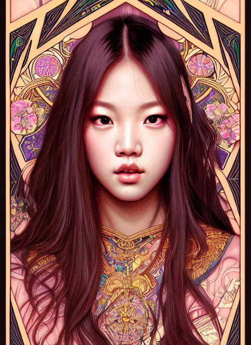 Image similar to jennie manoban of blackpink, tarot card, highly detailed, digital painting, smooth, sharp focus, illustration, ultra realistic, 8 k, art by artgerm and alphonse mucha