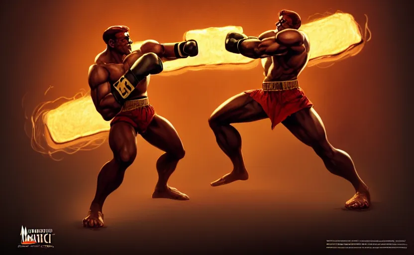 Image similar to anthropomorphic toast character as a boxer ; magic : the gathering fantasy character concept art by frank frazetta and marco bucci, high resolution. boxing ring in the background, dramatic stadium lighting, fantasy coloring, intricate, digital painting, artstation, smooth, sharp focus