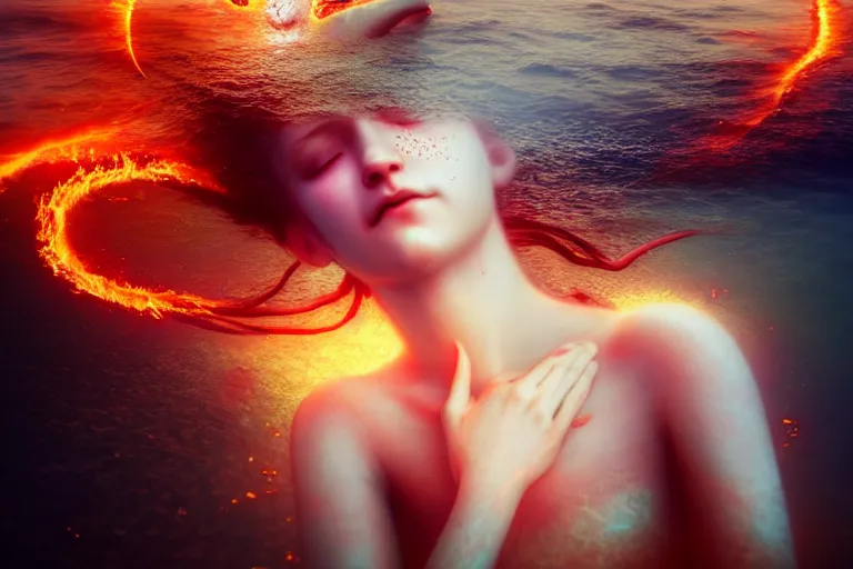 Prompt: Ocean catching fire with emerging fallen angel crying tears of blood, magical, transcendental, concept art, art nouveau, inspired by Reylia Slaby, Peter Gric, Merriam Daniel, intricate, ornate, trending on artstation, volumetric lighting, CGsociety