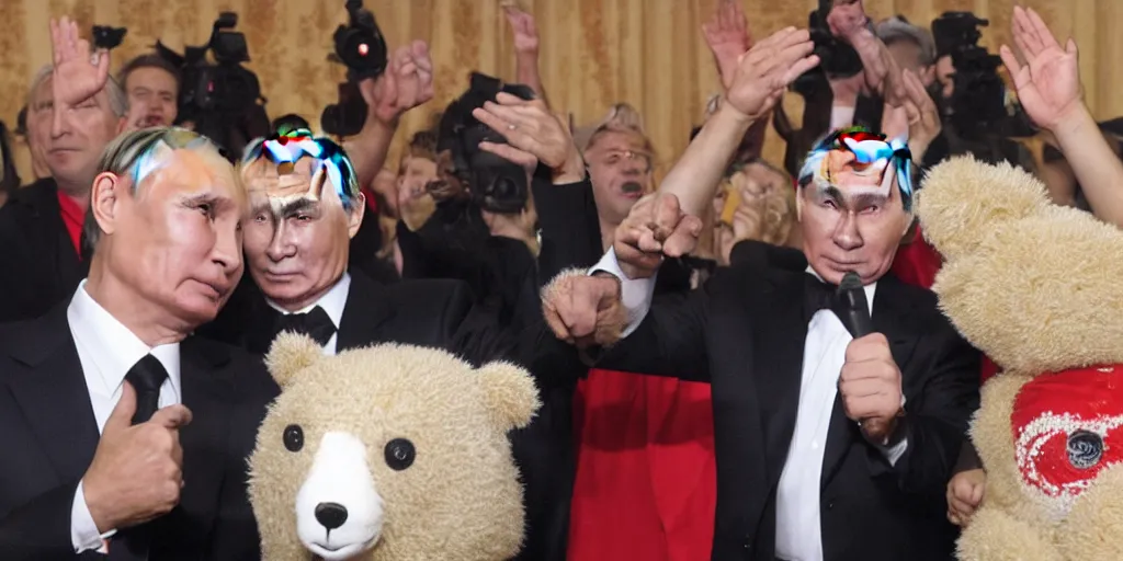 Prompt: vladimir putin disco dancing with a bear