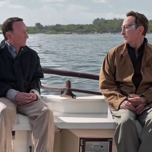 Prompt: john lock and ben linus sitting on a boat