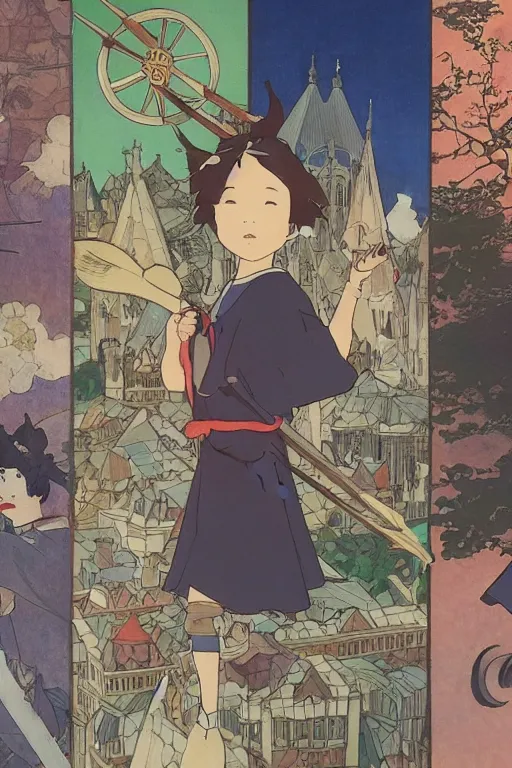 Image similar to Kiki's Delivery Service,A girl on a broomstick flying over the city sky,Medieval Cities ,geometric shapes, hard edges,by mucha and studio ghibli