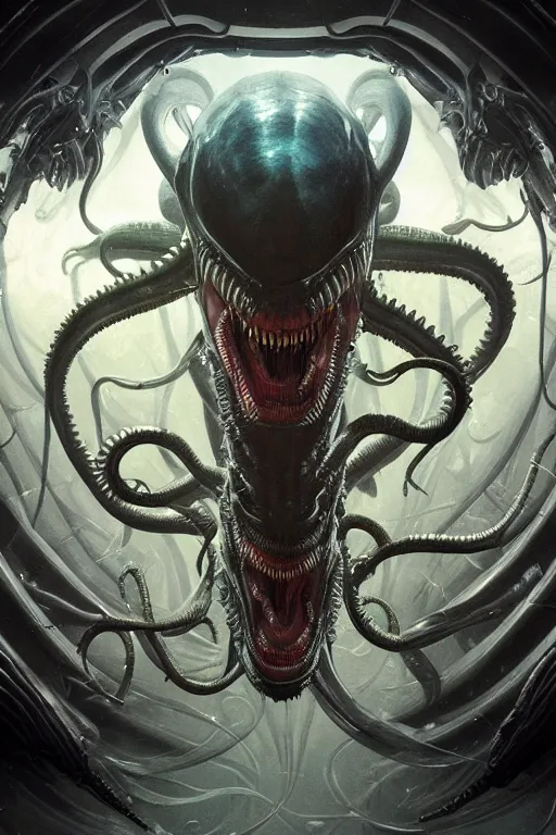 Prompt: underwater xenomorph alien mixed with sharks extra teeth, tentacles, labyrinth, highly detailed, digital painting, artstation, concept art, smooth, sharp focus, illustration, unreal engine 5, 8 k, art by artgerm and greg rutkowski and alphonse mucha and ifbb pro fitness photograph, giger