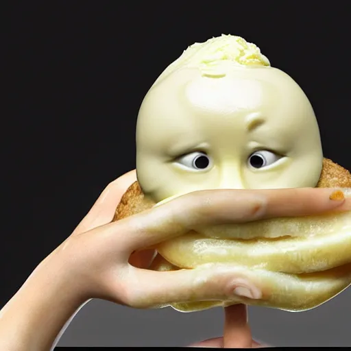 Image similar to mayonnaise in the shape of a human face, human face made out of mayonnaise, professional food photography, unreal engine