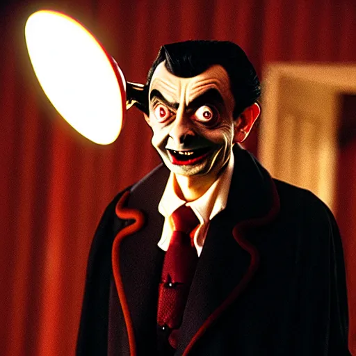 Image similar to mr. bean as dracula. movie still. cinematic lighting.