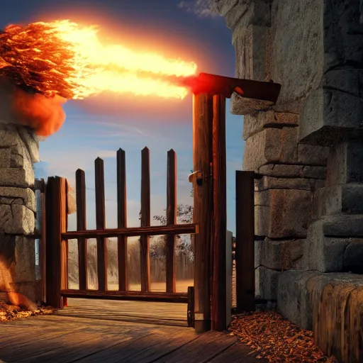 Prompt: A wizard launching a fireball at a wooden gate, 4k, highly detailed, octane render