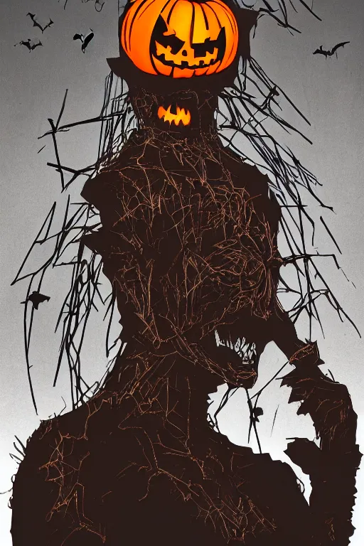 Image similar to a scarecrow with jack - o - lantern head, full body, big two toned eyes, halloween, horror, intricate details, cinematic, epic, realistic, anatomy, tomer hanuka, uplight, artstation, photorealistic, scary