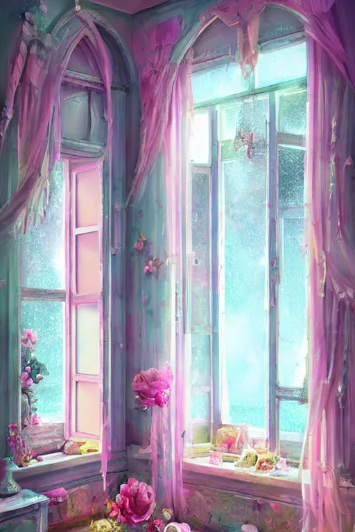 Image similar to matte sharp painting shabby chic room with windows james gurney, artgerm, lisa frank, artstation behance storybook