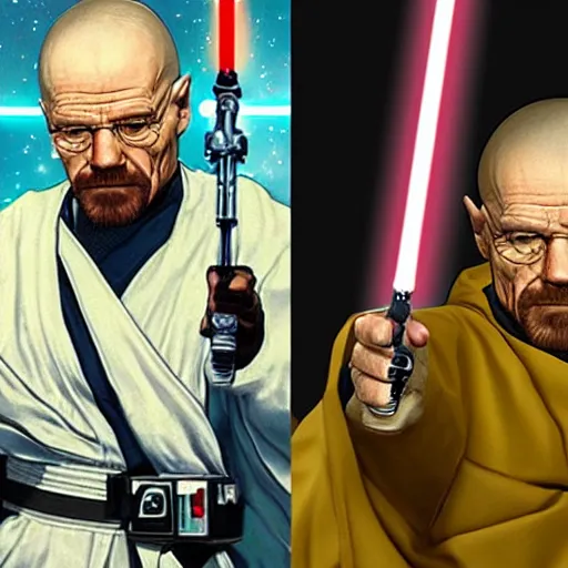 Image similar to realistic photo of walter white as a jedi from star wars, using jedi clothes and with a lightsaber