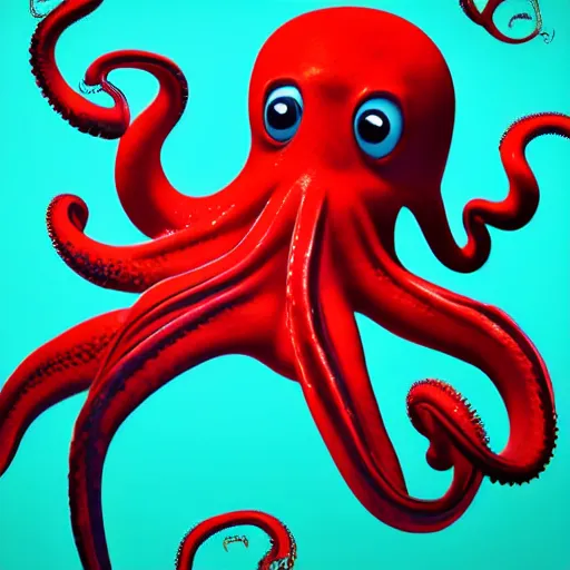 Image similar to portrait of red octopus, sly, cunning, blue background, pixar style animation 3d extremely gloomy lighting, atmospheric, cinematic, detailed illustration unreal Engine, 8K