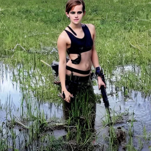 Prompt: emma watson rising out of swamp water with an ar 1 5