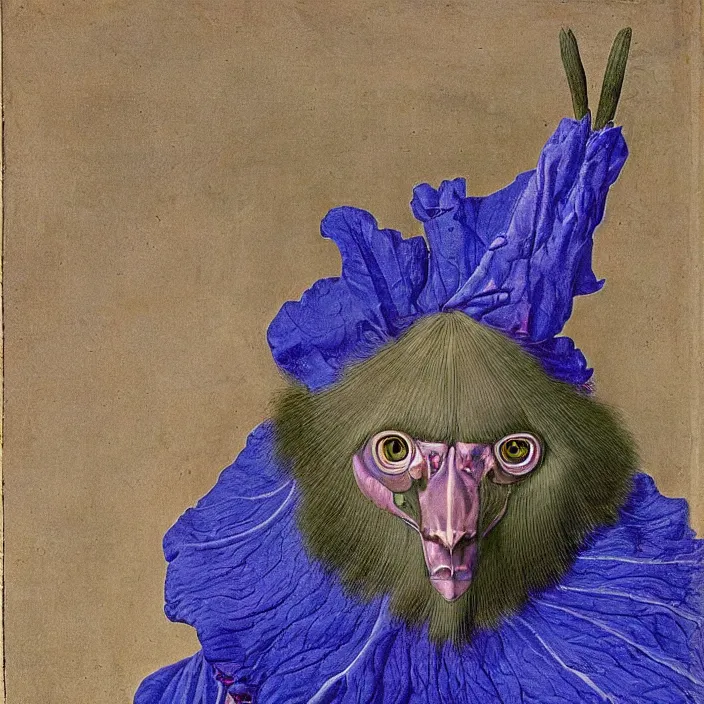 Image similar to close up portrait of a mutant monster creature with colorful exotic indigo iris eyes, crystal teeth, mantis composure. by jan van eyck, audubon