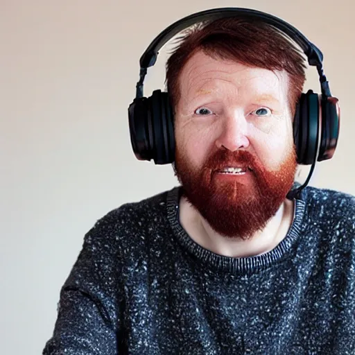 Image similar to middle aged streamer on twitch, stubble beard, ginger, stubbles, red headphones, in the style of tatsuro kiuchi