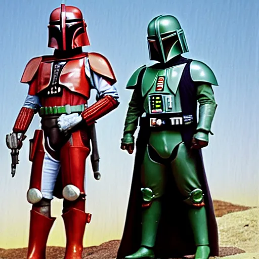 Image similar to boba fett and darth vader standing proudly shoulder to shoulder