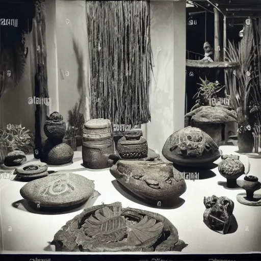 Image similar to An offset photography of an object on display, three colors, anthropology of wonder, ((exotic artifacts)), bauhause, (tropicalism), colonial expedition, exhibition, 60s style