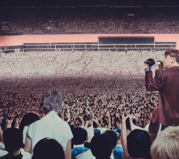 Image similar to photo of singer singing in an japan 1 9 8 0 pop big concert, and people enjoying the show, color photo, colored, ( sony a 7 r iv, symmetric balance, photolab, lightroom, 4 k, dolby vision, photography award )