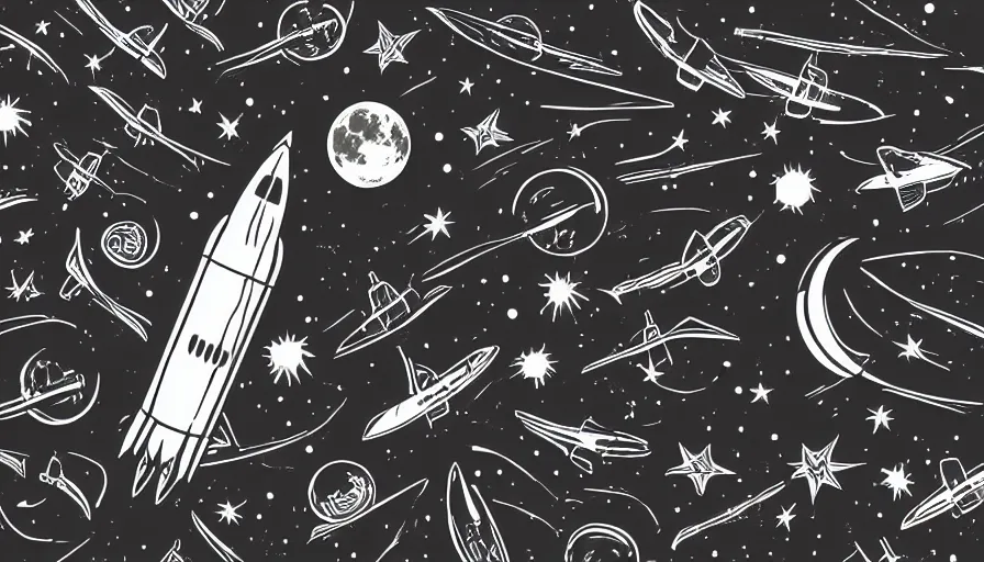 Image similar to travel to the moon with a rocket, cartoon style, black outline, on white, smooth, sharp lines, detailed