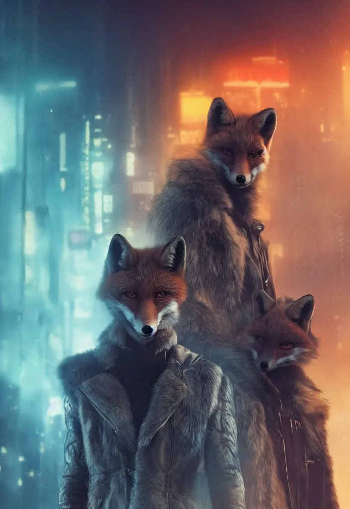 Image similar to anthro fox furry in Blade Runner: 2049, wearing a leather uniform, city streets, fursona, anthropomorphic, furry fandom, film still