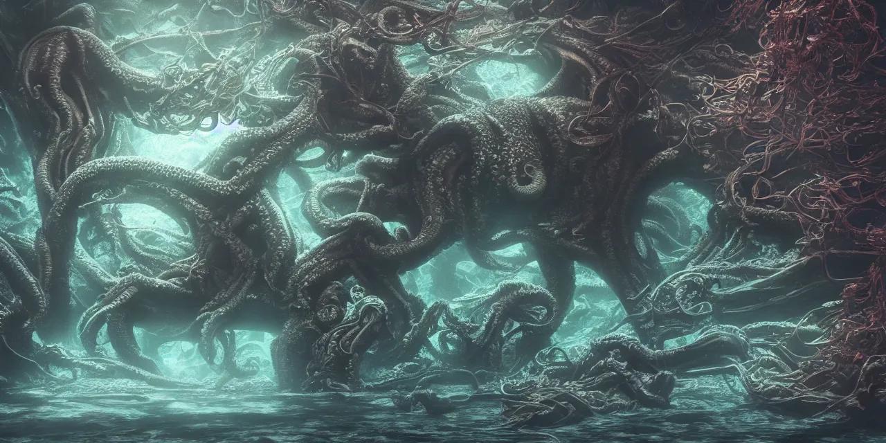Prompt: underwater with cthulhu, thassalophobia, megalophobia, hyperdetailed, artstation, accurate, octane render, surreal, 8k