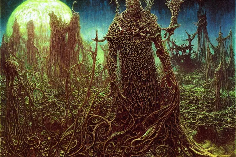 Image similar to knight in enchanted lovecraftian garden by jean delville, luis royo, beksinski, grimshaw