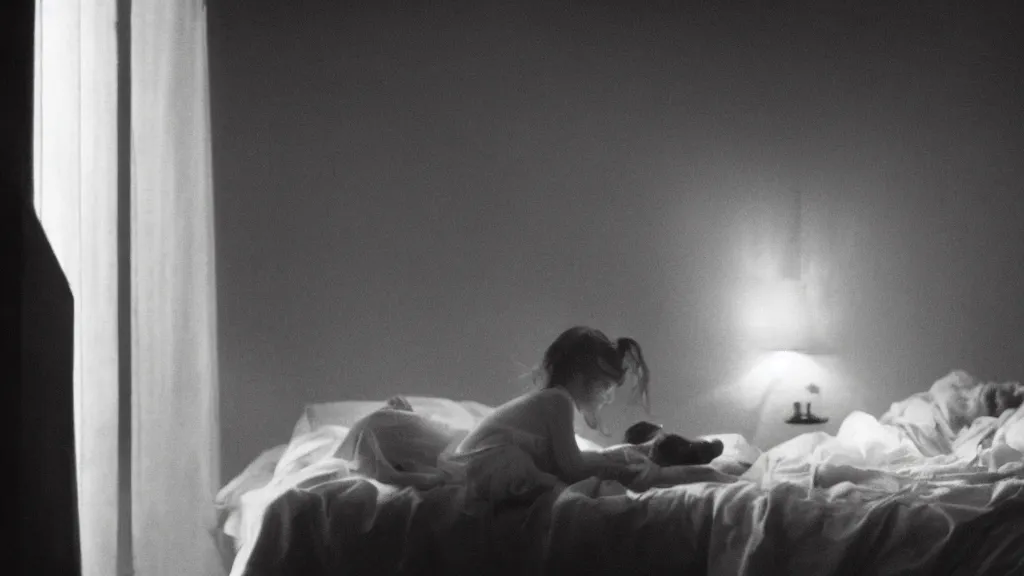 Image similar to movie still of girl having sleep paralysis a shadow watching, cinematic composition, cinematic light, criterion collection, by david lynch