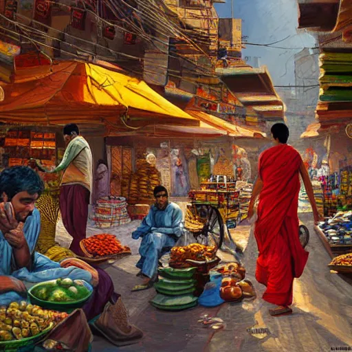 Image similar to bazaar in delhi. art by salman toor. faithfully depicted facial expression, perfect anatomy, sharp focus, global illumination, radiant light, detailed and intricate environment, trending on artstation