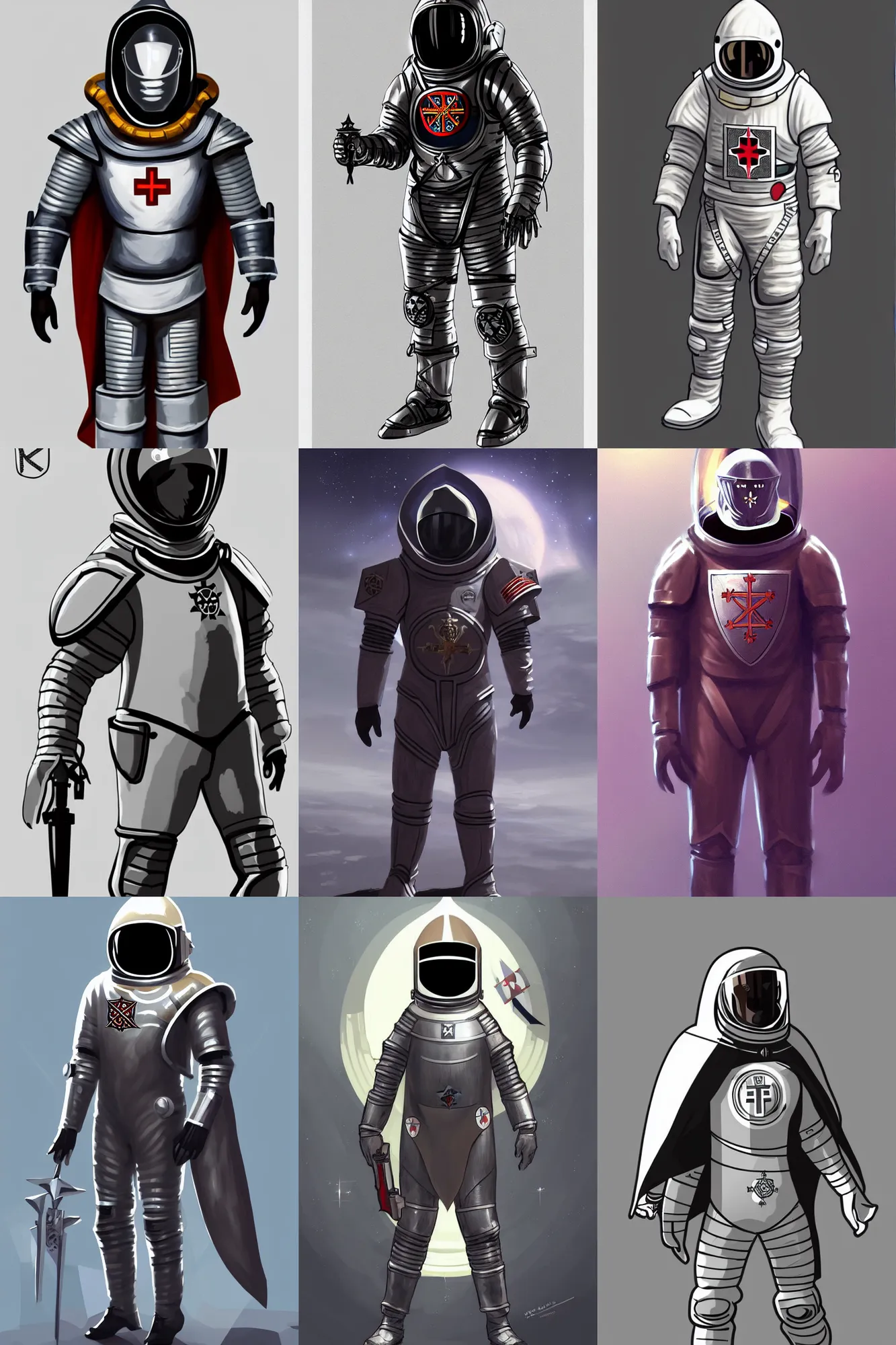 Prompt: knights templar in a space suit with cape, futurism, character design, trending on artstation