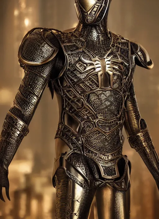 Prompt: hyper realistic glorious ancient celtic spiderman in a obsidian metal armor, futuristic design, designed by makoto kobayashi and luca zampriolo, portrait, cyberpunk style, wood and gold details, intricate, extremely detailed, ornate, deep of field, hard surface, exoskeleton, substance designer metal unreal engine. amazing likeness. very detailed.