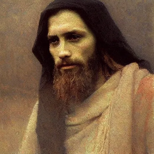 Image similar to portrait of jesus christ, russian painting, by Ilya Repin, realist, russian impressionism, melancholic, desaturated colors, moody, suffering, somber, rocky scenery in background