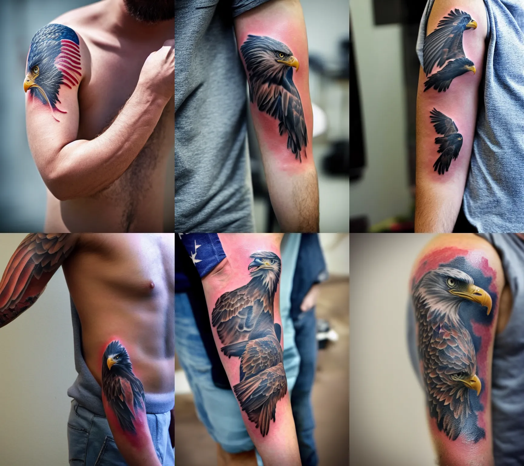 Prompt: far away shot of a man showing his arm with bald eagle tattoo, tattoo