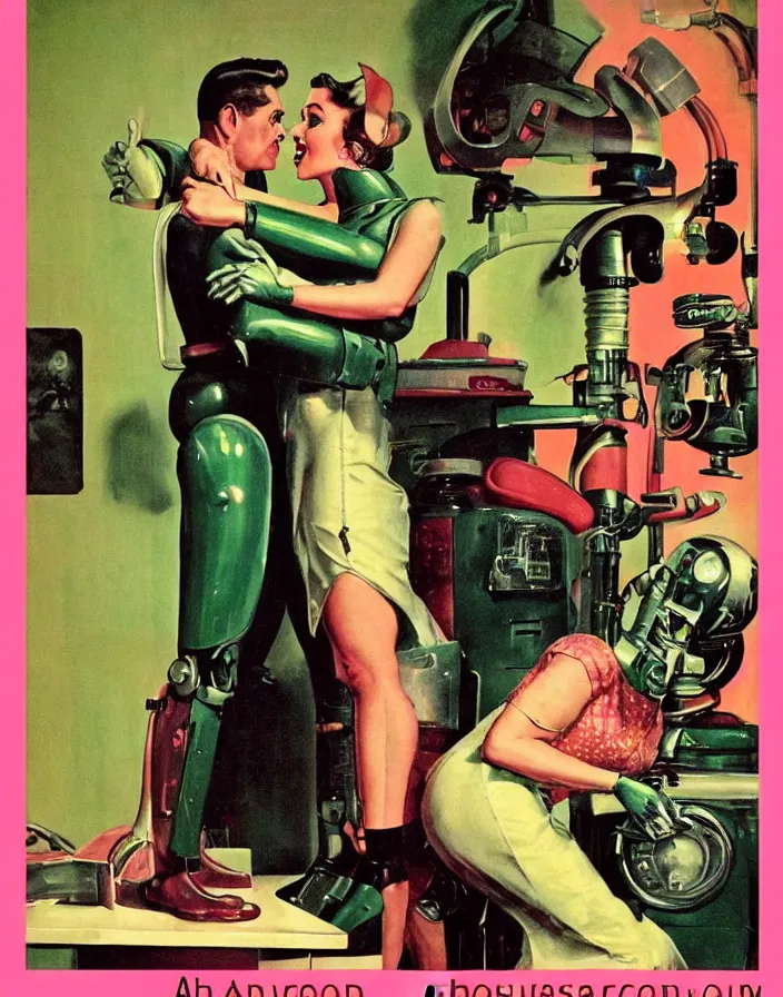 Image similar to a female housewife!!!! being hugged by a manly metal - suited!!! robot!!!!, 1 9 5 0 s horror film movie poster style, ( norman rockwell oil painting ), close - up, tight shot, retro science fiction, vintage, saturated pink and green lighting, shadowy lighting, cohesive!!, photogenic!!