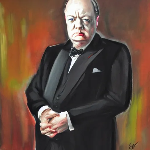 Prompt: gillian anderson as winston churchill, portrait painting