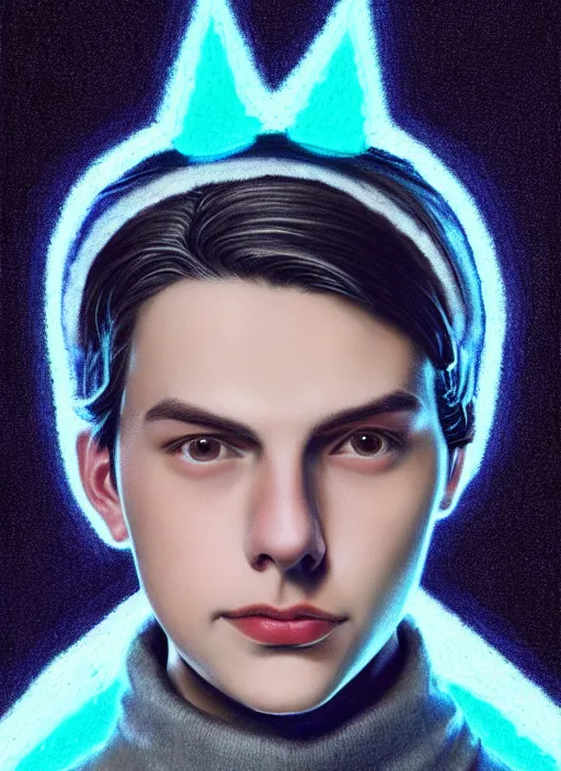 Image similar to portrait of teenage jughead jones wearing a light grey crown, crown, blue turtleneck, 1 9 5 0 s, closed eyes, photorealistic, black hair, glowing lighting, intricate, elegant, glowing lights, highly detailed, digital painting, artstation, concept art, smooth, sharp focus, illustration, art by wlop, mars ravelo and greg rutkowski