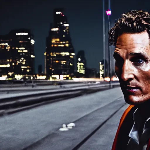 Image similar to a still of matthew mcconaughey . Shallow depth of field. City at night in background, lights, colors ,studio lighting, mood, 4K. Profession photography