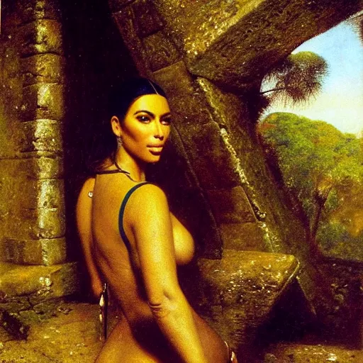 Prompt: detailed portrait of kim kardashian in mayan pyramid jungle ruins by rudolf ernst, john frederick lewis, jean - leon gerome, rudolf weisse, david roberts, charles theodore frere, alfred dehodencq